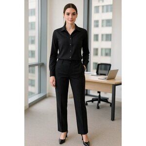 Faconnable Black Pinstripe Wool 2-Piece Set Button-Up Shirt Small Pants Size 6